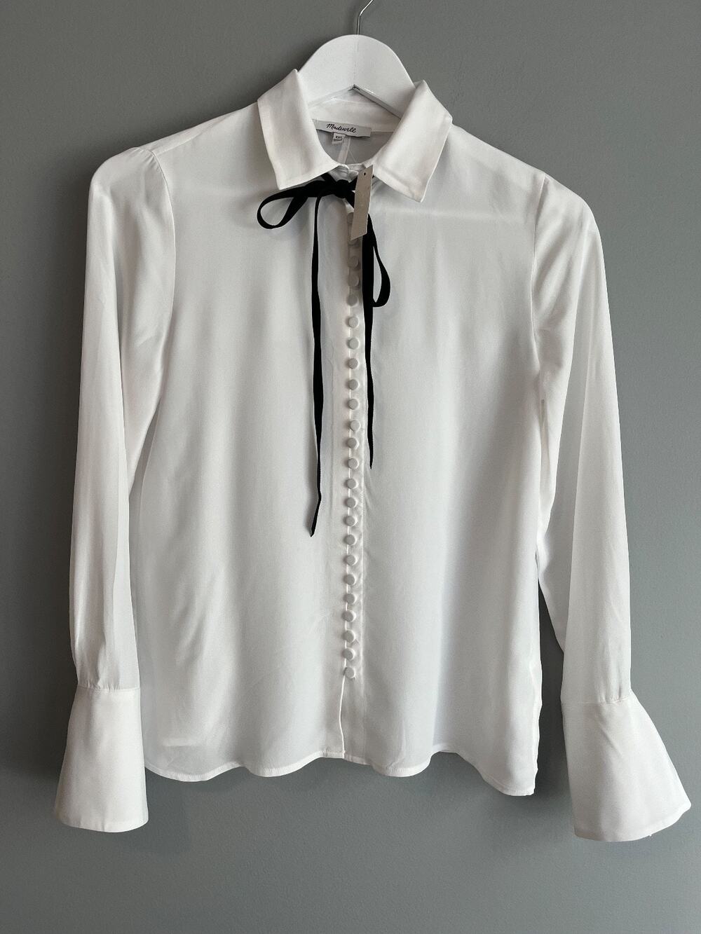 Madewell XXS White Blouse NWT $128 Black Velvet Tie Bell Cuff Coquette Romantic